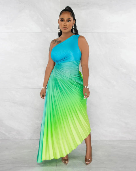 Summer Fashion Elegant Skew Neck Off Shoulder Sleeveless Gradient Printing Dress CODE: KAR2400