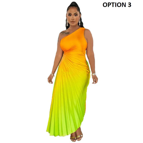 Summer Fashion Elegant Skew Neck Off Shoulder Sleeveless Gradient Printing Dress CODE: KAR2400