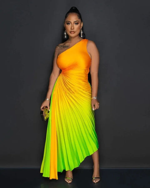 Summer Fashion Elegant Skew Neck Off Shoulder Sleeveless Gradient Printing Dress CODE: KAR2400