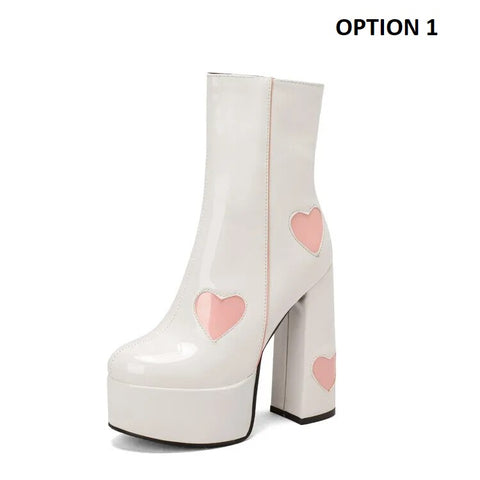 New Trendy Chunky High Heel Round Toe Pink Heart Short Boot CODE: KAR2403