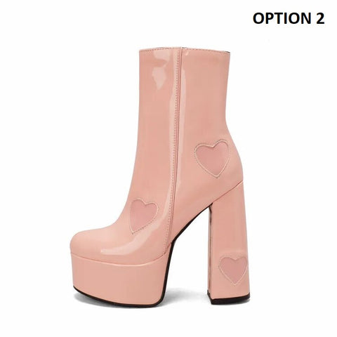 New Trendy Chunky High Heel Round Toe Pink Heart Short Boot CODE: KAR2403