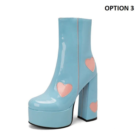 New Trendy Chunky High Heel Round Toe Pink Heart Short Boot CODE: KAR2403