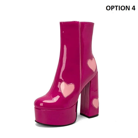 New Trendy Chunky High Heel Round Toe Pink Heart Short Boot CODE: KAR2403