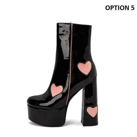 New Trendy Chunky High Heel Round Toe Pink Heart Short Boot CODE: KAR2403