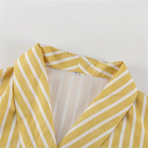 Autumn Stripe Long Sleeve Lace-up Turn-down Collar Shirt Patchwork High Waist Stright Pants Set CODE: KAR2409