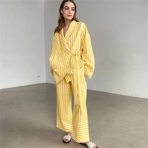 Autumn Stripe Long Sleeve Lace-up Turn-down Collar Shirt Patchwork High Waist Stright Pants Set CODE: KAR2409