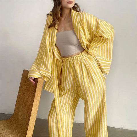 Autumn Stripe Long Sleeve Lace-up Turn-down Collar Shirt Patchwork High Waist Stright Pants Set CODE: KAR2409