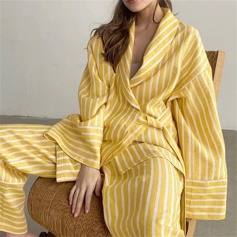 Autumn Stripe Long Sleeve Lace-up Turn-down Collar Shirt Patchwork High Waist Stright Pants Set CODE: KAR2409