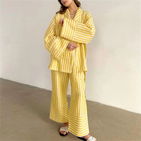 Autumn Stripe Long Sleeve Lace-up Turn-down Collar Shirt Patchwork High Waist Stright Pants Set CODE: KAR2409