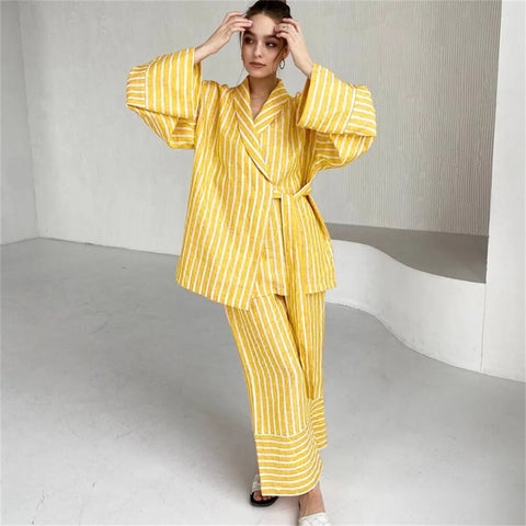 Autumn Stripe Long Sleeve Lace-up Turn-down Collar Shirt Patchwork High Waist Stright Pants Set CODE: KAR2409