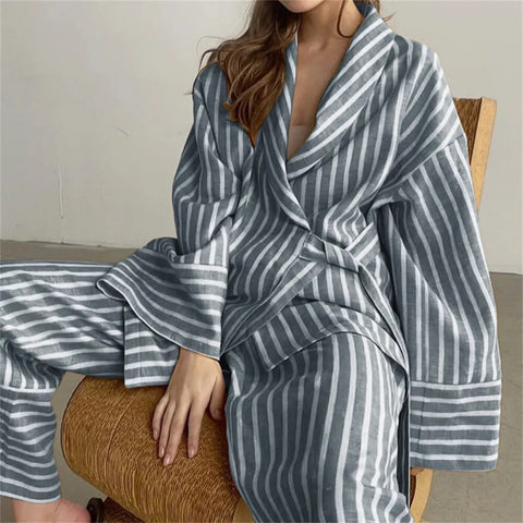 Autumn Stripe Long Sleeve Lace-up Turn-down Collar Shirt Patchwork High Waist Stright Pants Set CODE: KAR2409