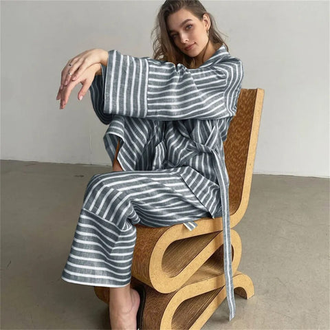 Autumn Stripe Long Sleeve Lace-up Turn-down Collar Shirt Patchwork High Waist Stright Pants Set CODE: KAR2409