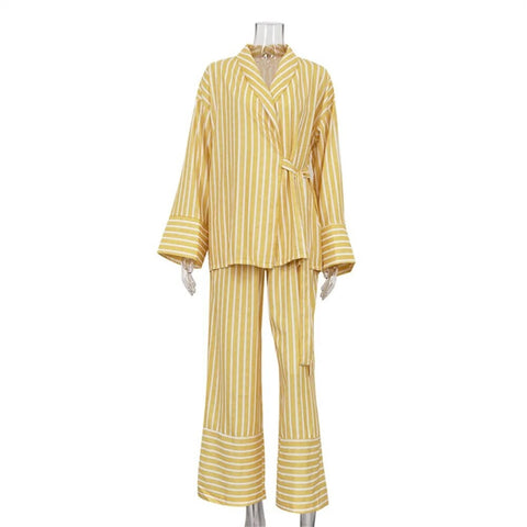 Autumn Stripe Long Sleeve Lace-up Turn-down Collar Shirt Patchwork High Waist Stright Pants Set CODE: KAR2409