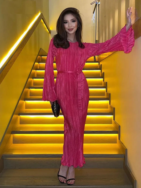 New Pleated Fashion Loose O-Neck Long Sleeve Lace-Up Ankle-Length Dress CODE: KAR2410
