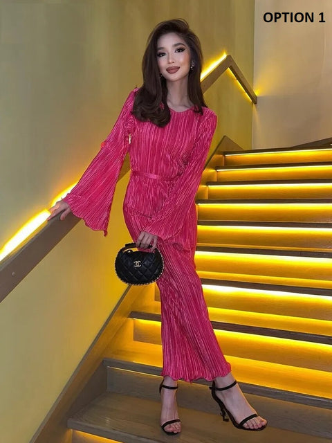 New Pleated Fashion Loose O-Neck Long Sleeve Lace-Up Ankle-Length Dress CODE: KAR2410