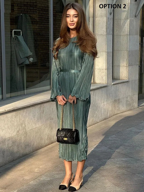 New Pleated Fashion Loose O-Neck Long Sleeve Lace-Up Ankle-Length Dress CODE: KAR2410