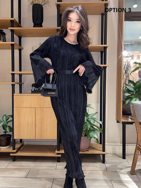 New Pleated Fashion Loose O-Neck Long Sleeve Lace-Up Ankle-Length Dress CODE: KAR2410
