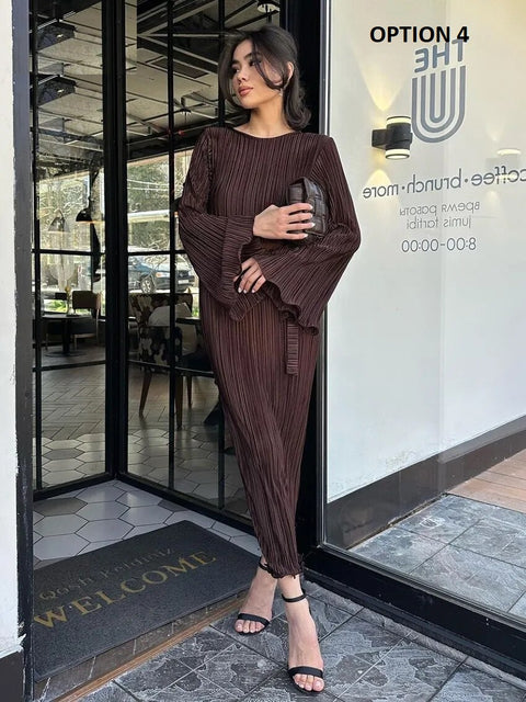 New Pleated Fashion Loose O-Neck Long Sleeve Lace-Up Ankle-Length Dress CODE: KAR2410