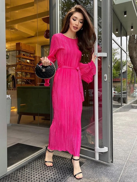 New Pleated Fashion Loose O-Neck Long Sleeve Lace-Up Ankle-Length Dress CODE: KAR2410