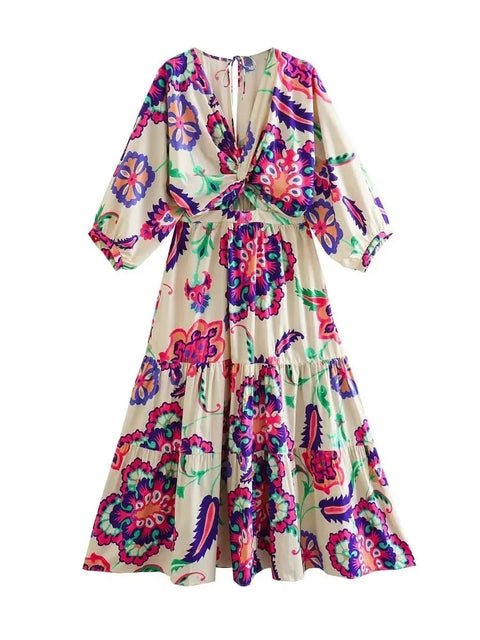 Summer Elegant Floral Printed V-neck Style Hollow Out A-Line Mid-Calf Dress CODE: KAR2413