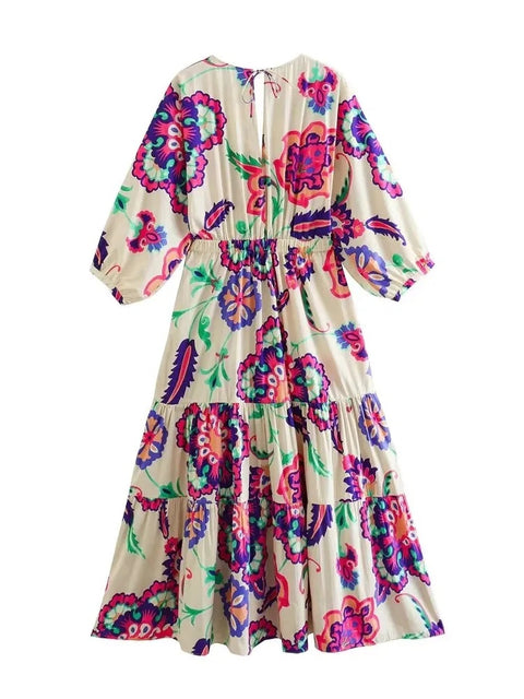 Summer Elegant Floral Printed V-neck Style Hollow Out A-Line Mid-Calf Dress CODE: KAR2413