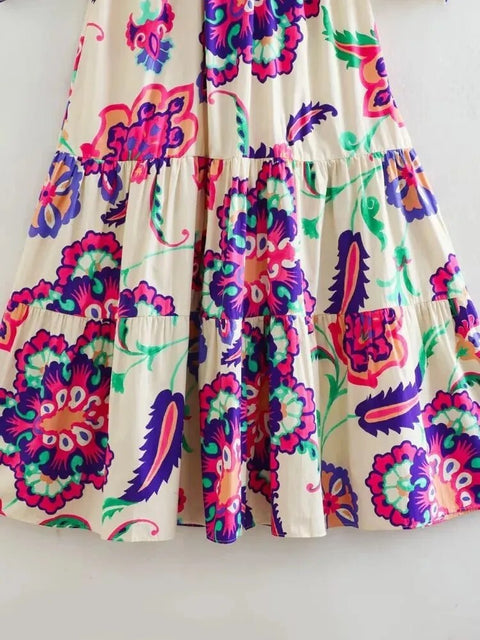 Summer Elegant Floral Printed V-neck Style Hollow Out A-Line Mid-Calf Dress CODE: KAR2413