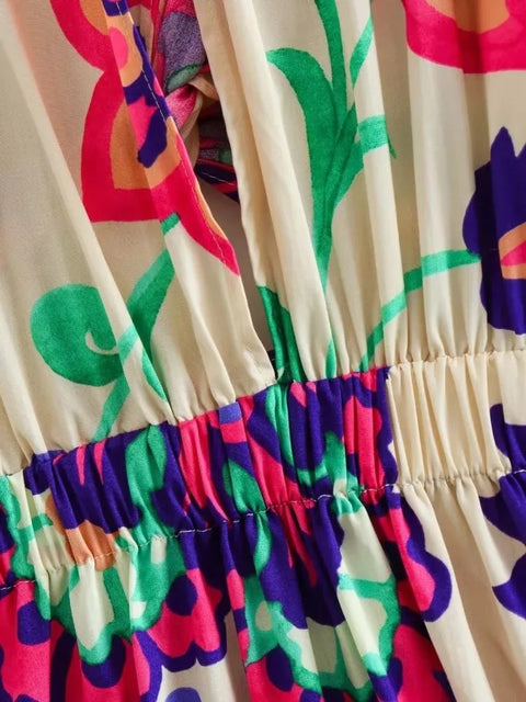 Summer Elegant Floral Printed V-neck Style Hollow Out A-Line Mid-Calf Dress CODE: KAR2413