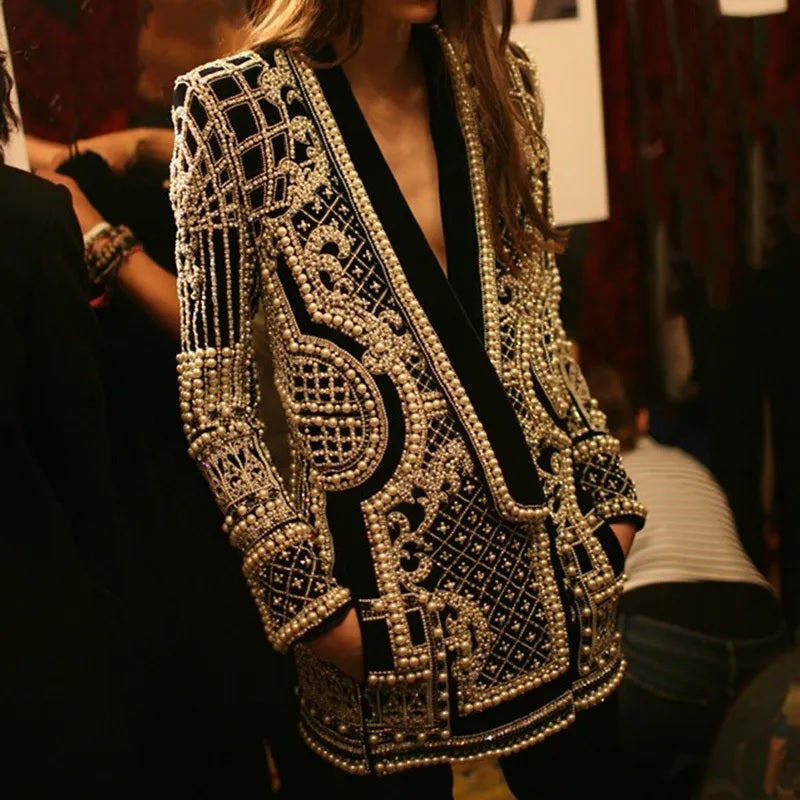 New Designer V-neck Long Sleeve Luxurious Metallic Beaded Jacket CODE: KAR2416