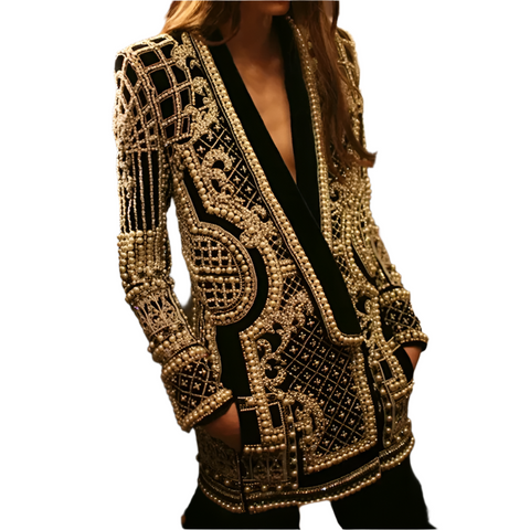 New V-neck Long Sleeve Luxurious Metallic Beaded Jacket CODE: READY1353