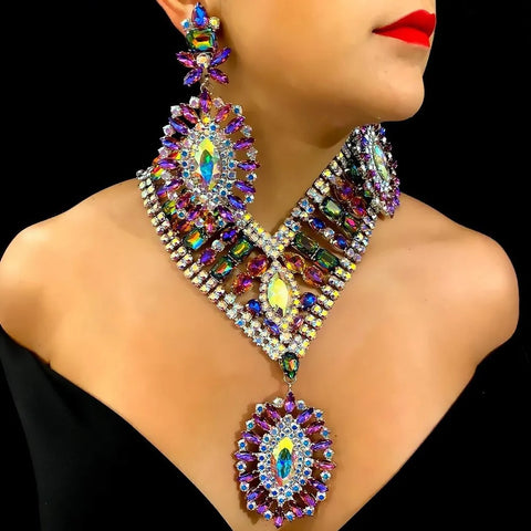 New Rhinestone Stonefans Exaggerated Necklace Earrings Set CODE: KAR2423