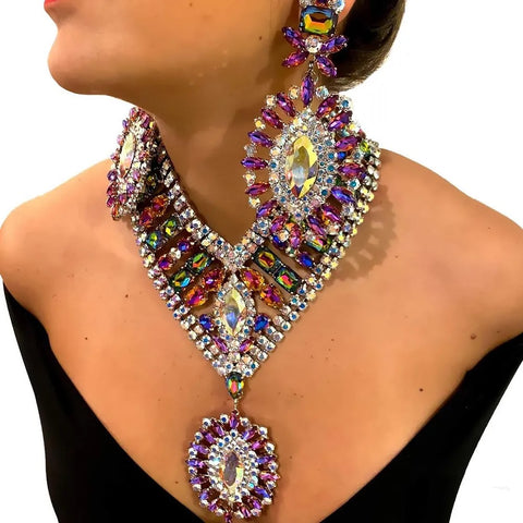 New Rhinestone Stonefans Exaggerated Necklace Earrings Set CODE: KAR2423
