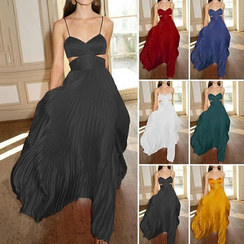 New Sleeveless Backless Waist Hollow Stitching Pleated Large Maxi Dress CODE: KAR2425