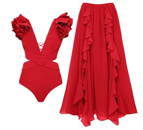 New One-piece Ruffled Off-Shoulder, Circular Ring Decorations, Paired with a Skirt Swimsuit Set CODE: KAR2430