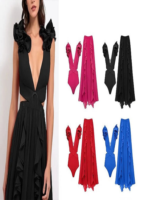 New One-piece Ruffled Off-Shoulder, Circular Ring Decorations, Paired with a Skirt Swimsuit Set CODE: KAR2430