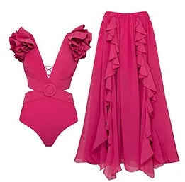 New One-piece Ruffled Off-Shoulder, Circular Ring Decorations, Paired with a Skirt Swimsuit Set CODE: KAR2430