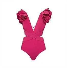 New One-piece Ruffled Off-Shoulder, Circular Ring Decorations, Paired with a Skirt Swimsuit Set CODE: KAR2430