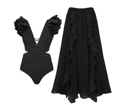 New One-piece Ruffled Off-Shoulder, Circular Ring Decorations, Paired with a Skirt Swimsuit Set CODE: KAR2430