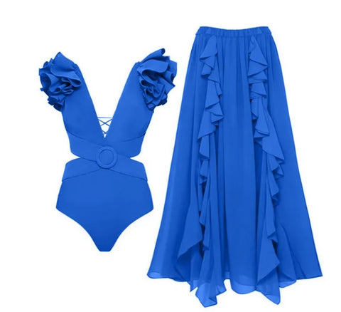 New One-piece Ruffled Off-Shoulder, Circular Ring Decorations, Paired with a Skirt Swimsuit Set CODE: KAR2430