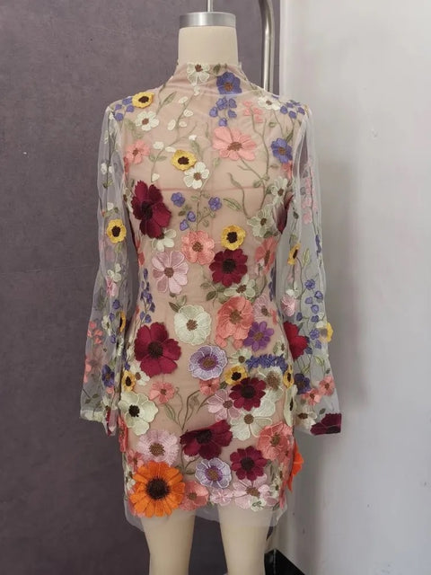 New Sexy Fashion 3D Flowers See Through Mesh Long Sleeves Dress CODE: KAR2447