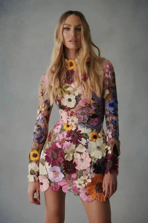 New Sexy Fashion 3D Flowers See Through Mesh Long Sleeves Dress CODE: KAR2447