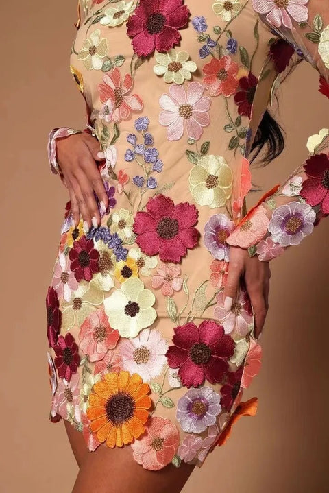 New Sexy Fashion 3D Flowers See Through Mesh Long Sleeves Dress CODE: KAR2447