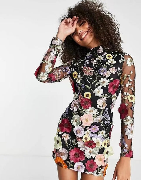 New Sexy Fashion 3D Flowers See Through Mesh Long Sleeves Dress CODE: KAR2447