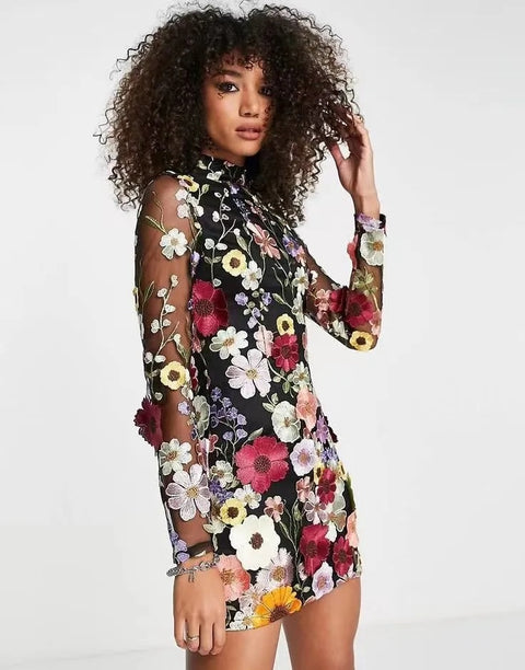 New Sexy Fashion 3D Flowers See Through Mesh Long Sleeves Dress CODE: KAR2447