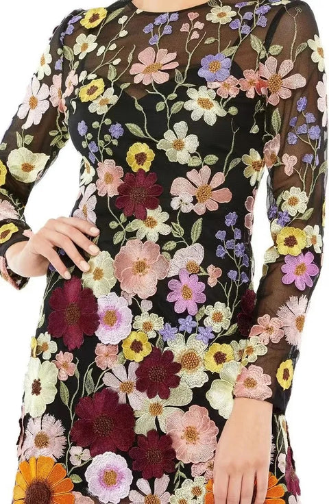 New Sexy Fashion 3D Flowers See Through Mesh Long Sleeves Dress CODE: KAR2447