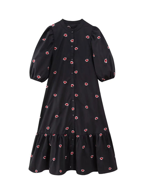 New Casual Embroidery Hem Pleats O Neck Floral Midi Shirt Dress CODE: KAR2448