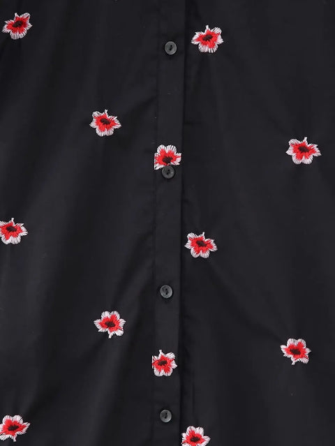New Casual Embroidery Hem Pleats O Neck Floral Midi Shirt Dress CODE: KAR2448