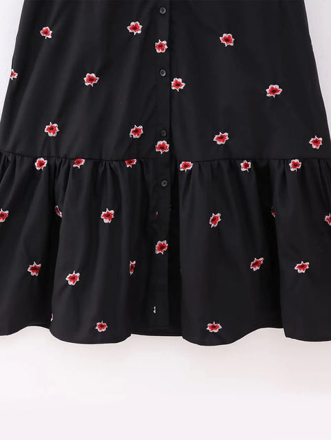 New Casual Embroidery Hem Pleats O Neck Floral Midi Shirt Dress CODE: KAR2448