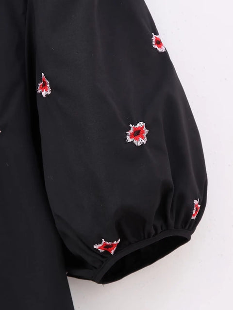 New Casual Embroidery Hem Pleats O Neck Floral Midi Shirt Dress CODE: KAR2448