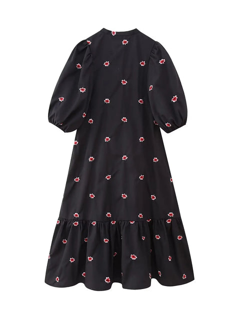 New Casual Embroidery Hem Pleats O Neck Floral Midi Shirt Dress CODE: KAR2448