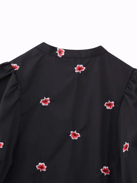 New Casual Embroidery Hem Pleats O Neck Floral Midi Shirt Dress CODE: KAR2448